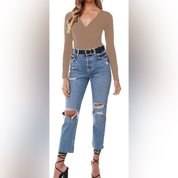 LINMON Mocha Long Sleeve Bodysuit Surplice Ruched Plunge V Neck Stretchy… - Picture 4 of 10